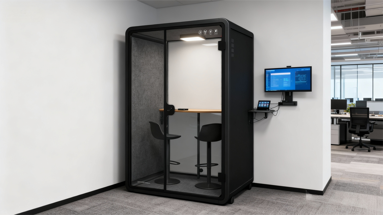 A sleek black-framed 2 person office quiet pod with glass sliding doors and a wooden counter sits in a modern open workspace.