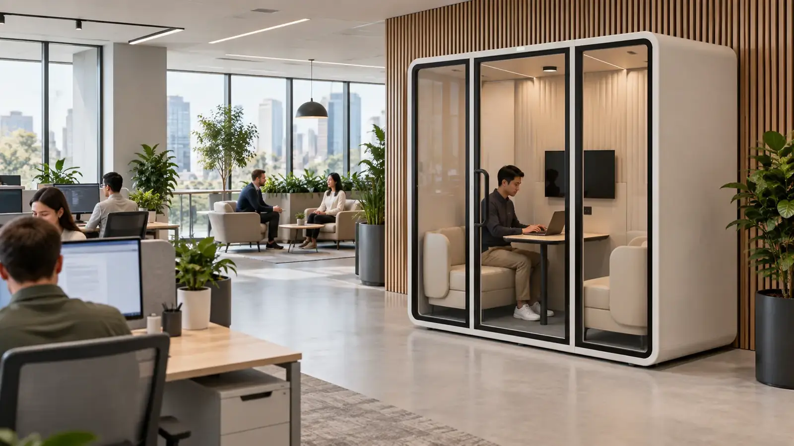 Employee working inside an acoustic pod while colleagues work and talk nearby in an open office
