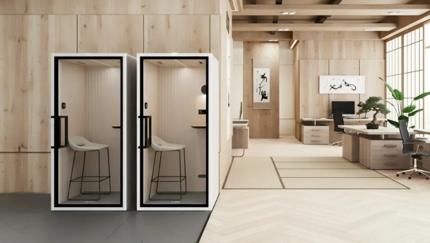 Acoustic pods in a minimalist open-plan office