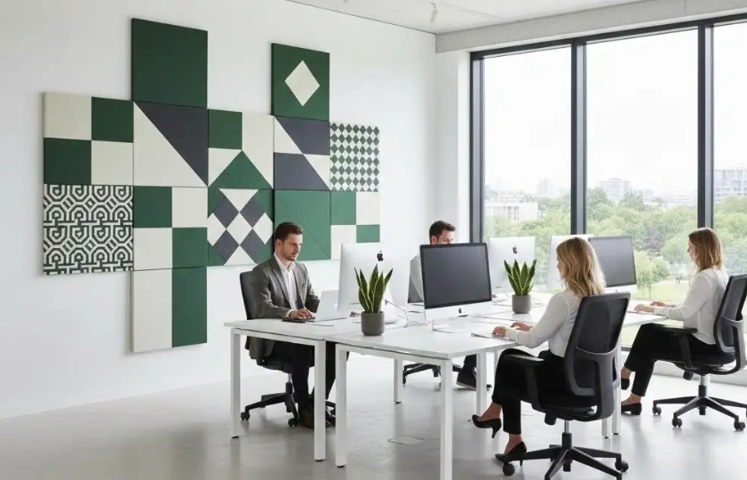 Acoustic wall panels used in the open office on the white wall