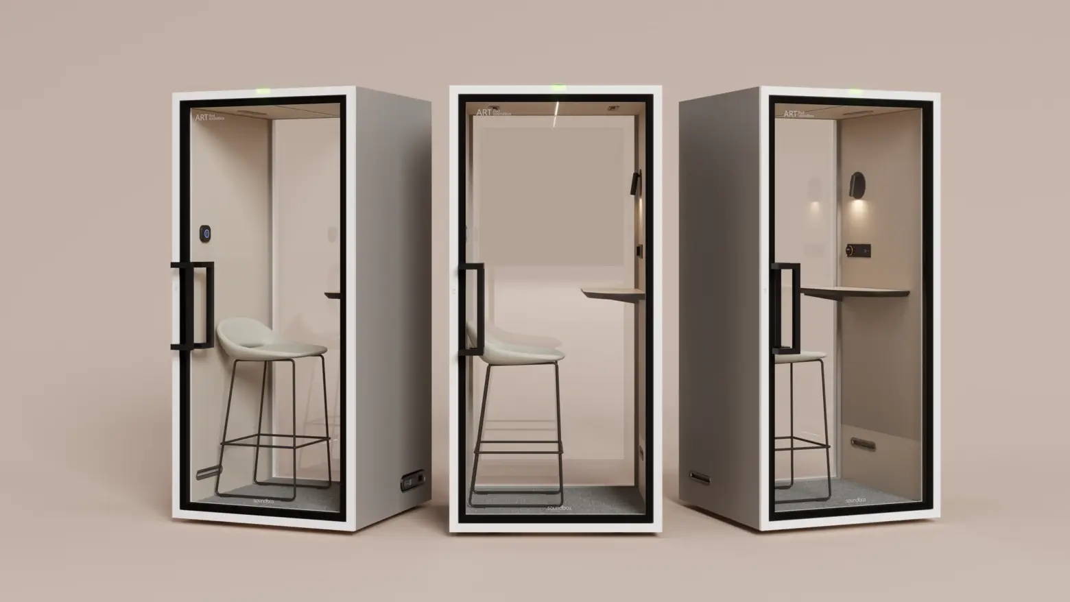 `ART S three single-person standing office soundproof booths displayed in different angles