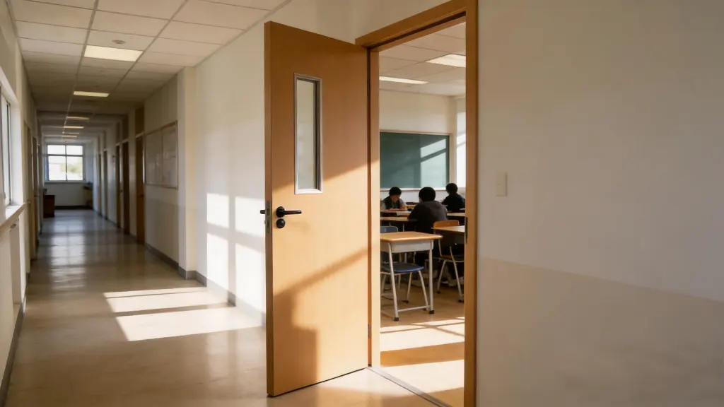Open classroom door and hallway illustrating potential sources of classroom noise