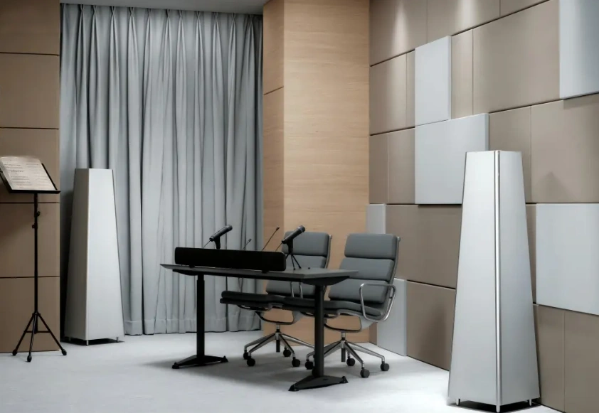 Soundbox acoustic columns and wall panels installed in a recording room