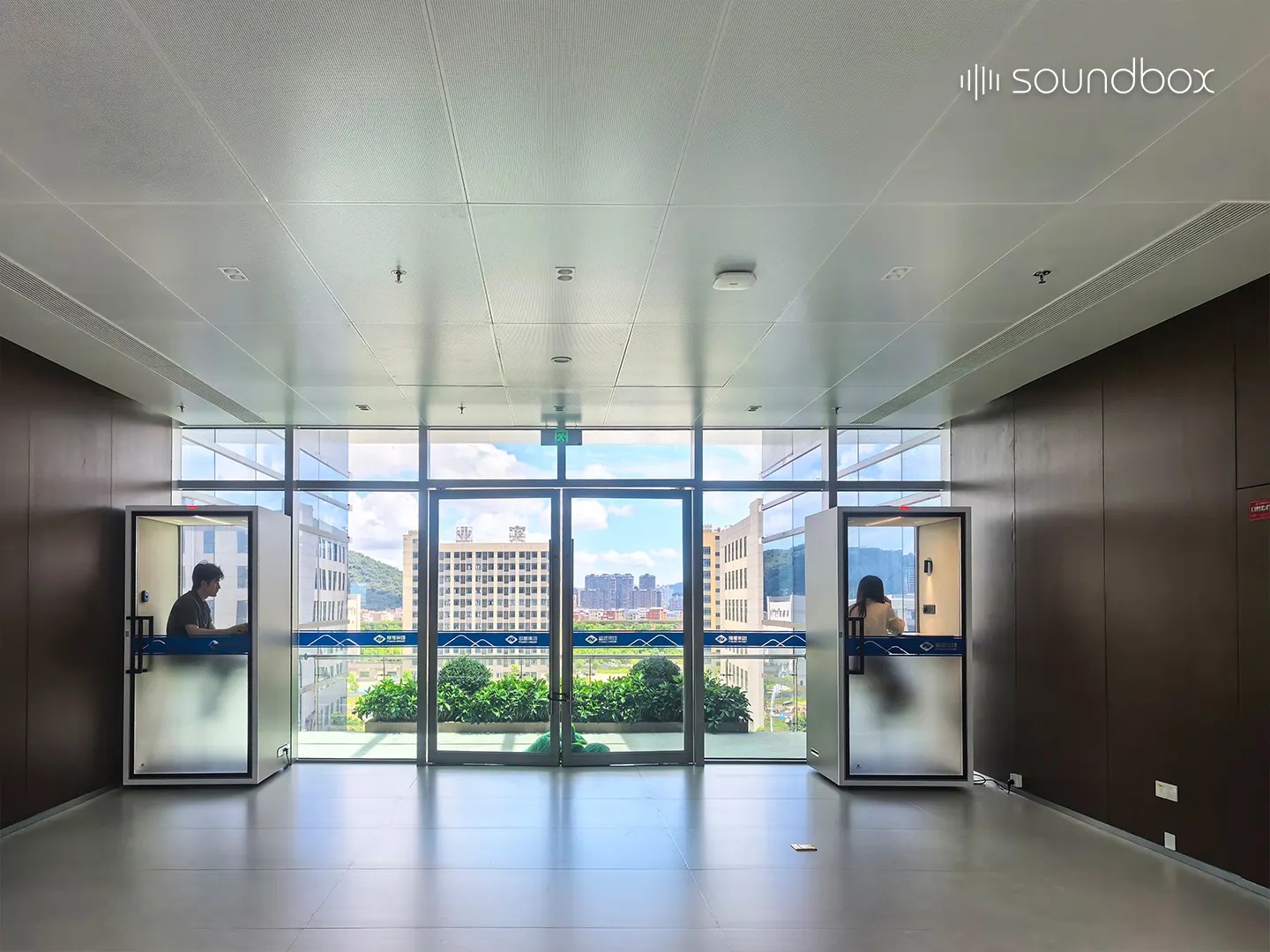 Fuyao Group workplace featuring Soundbox acoustic pods for private calls, focused work, and flexible workspace solutions