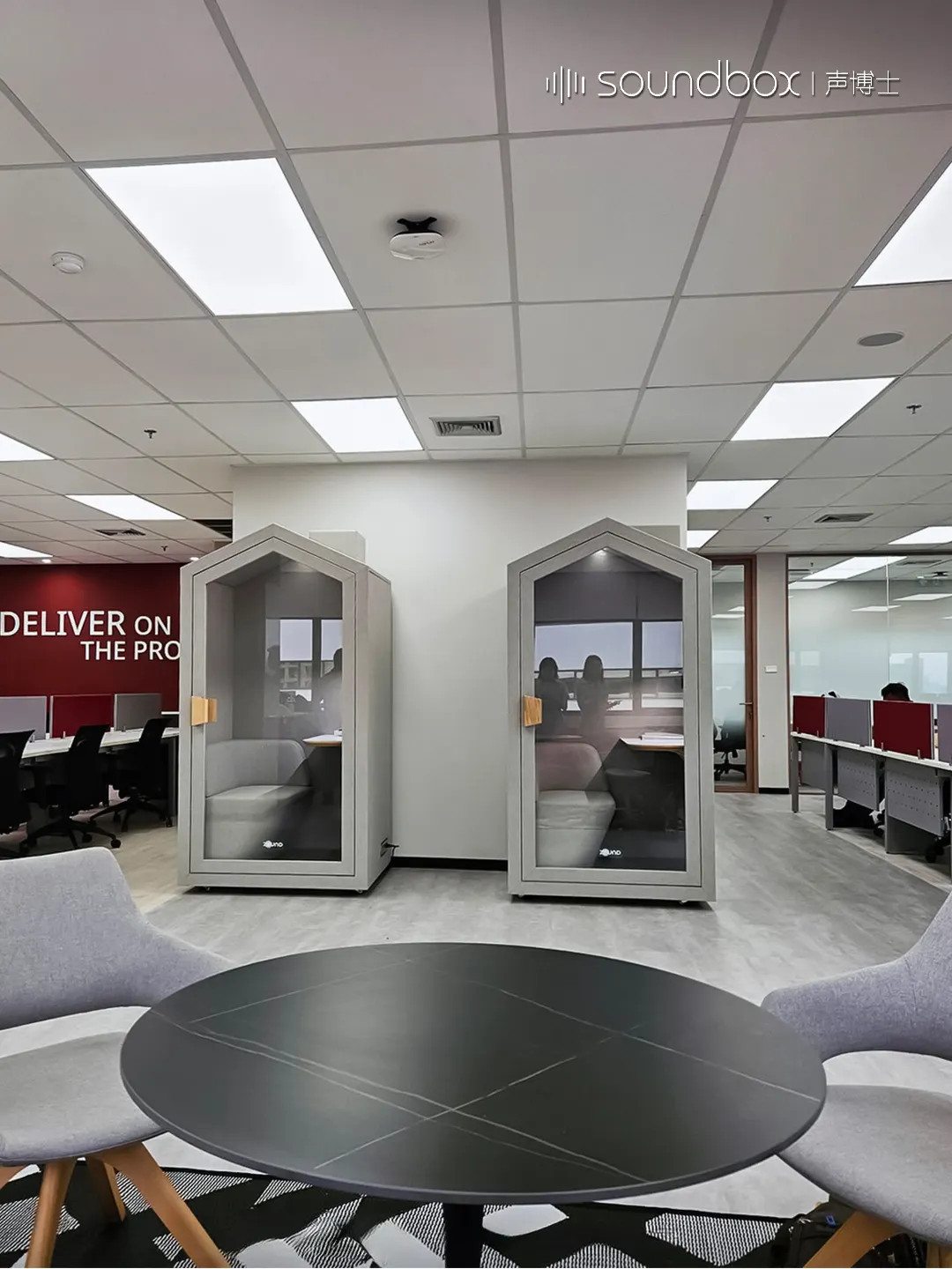 Soundbox acoustic pods installed in Generali office to provide flexible private spaces for employees in an open workplace