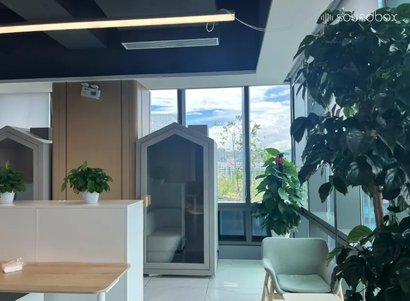 Soundbox Home Pod in a bright modern office with indoor plants