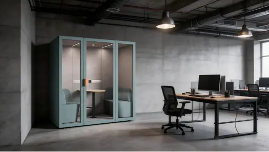 Soundbox Home Pod with seating and a table in a modern industrial-style office