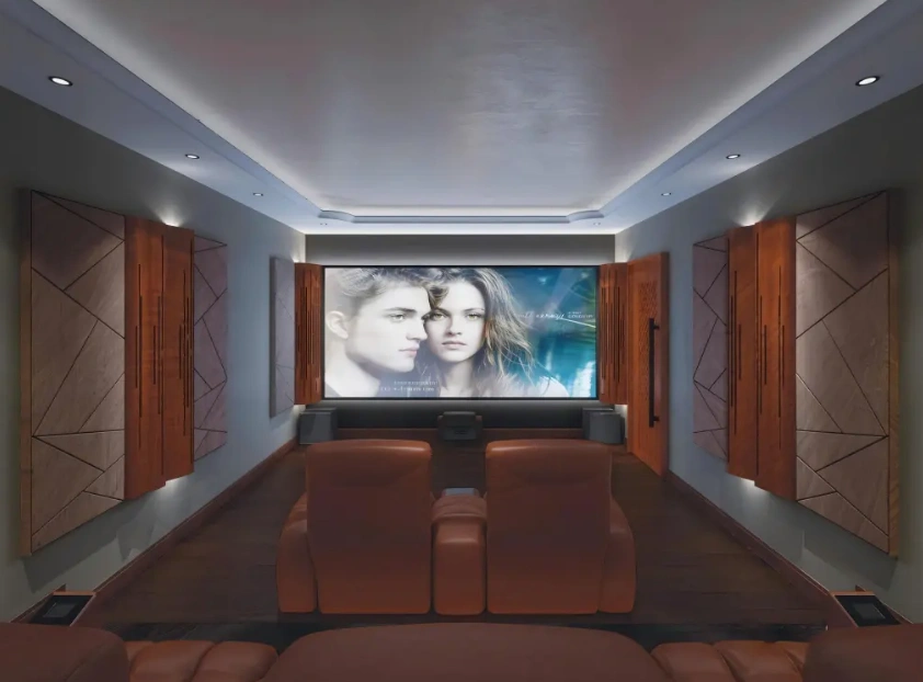 Wooden acoustic panels mounted along both walls of a home theater