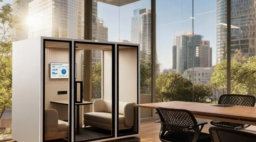 Soundbox acoustic meeting pod beside a shared table in a modern city office