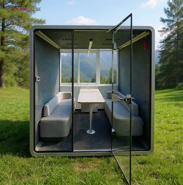 Acoustic meeting pod with facing sofas and a central table in an outdoor setting