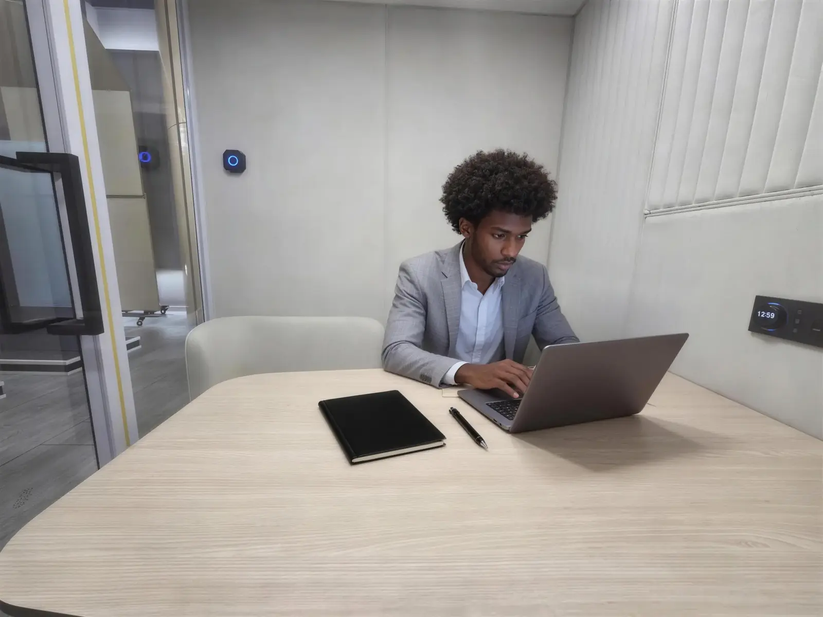 Single-person focus pod with a desk and seat in an open-plan office