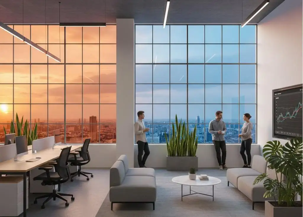 Modern office shown under warm and cool daylight conditions through floor-to-ceiling windows