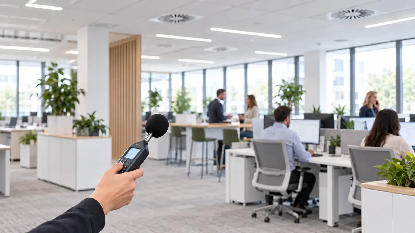 Professional measuring workplace noise near mechanical equipment with a sound level meter