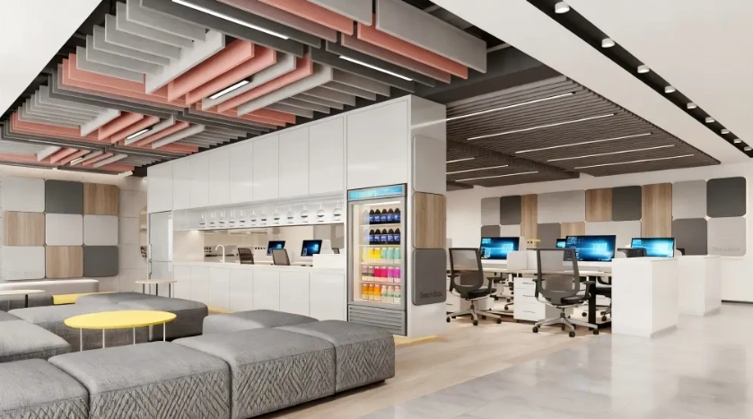 Modern office lounge with ceiling baffles and acoustic wall panels