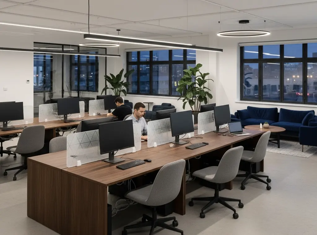 Acoustic desk dividers separating shared workstations in a modern open office