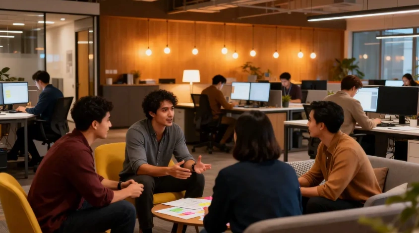 Team members engaged in a brief discussion in open workspace