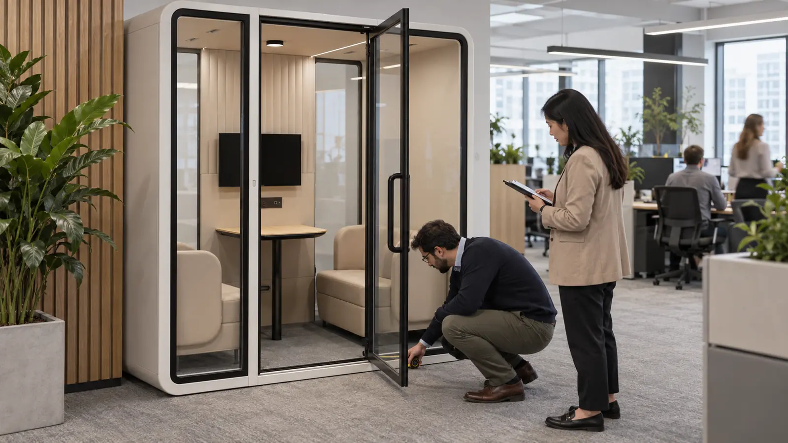 Two people inspect the doorway and threshold of an office pod in a modern workplace