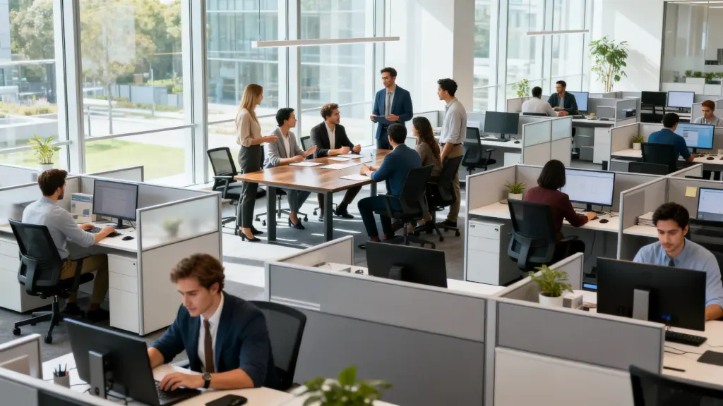 Team meeting at a shared table surrounded by employees working at divided office desks