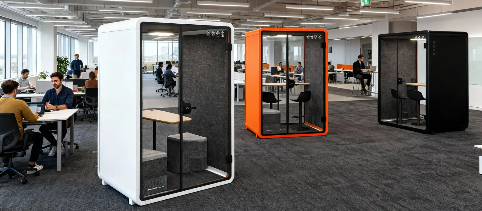 Open-plan office with a white Soundbox SR pod and an orange Soundbox VR pod positioned among shared workstations.