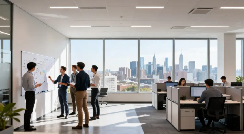 Employees collaborating at a whiteboard beside open-plan workstations