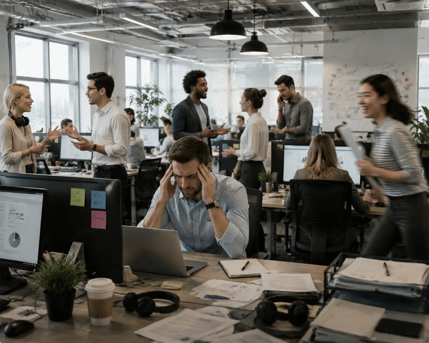 Noisy open office environment with employees experiencing workplace distractions and reduced productivity