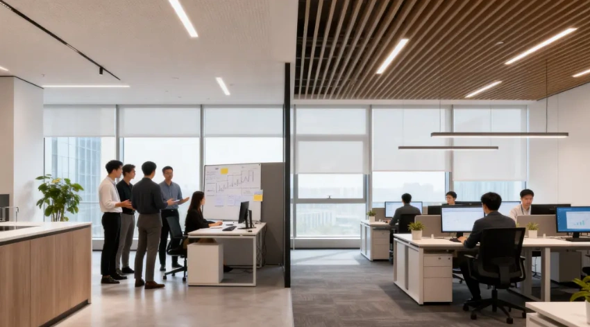 Employees working and discussing around shared desks in an open-plan office