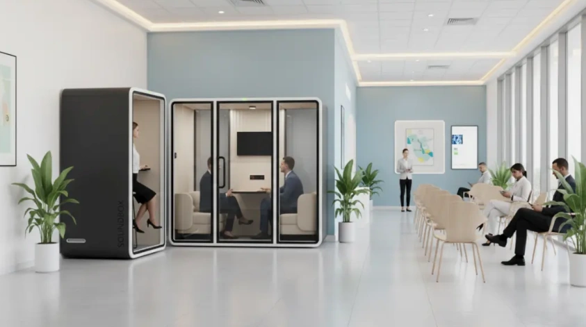Single-person and meeting pods providing private spaces beside a waiting area