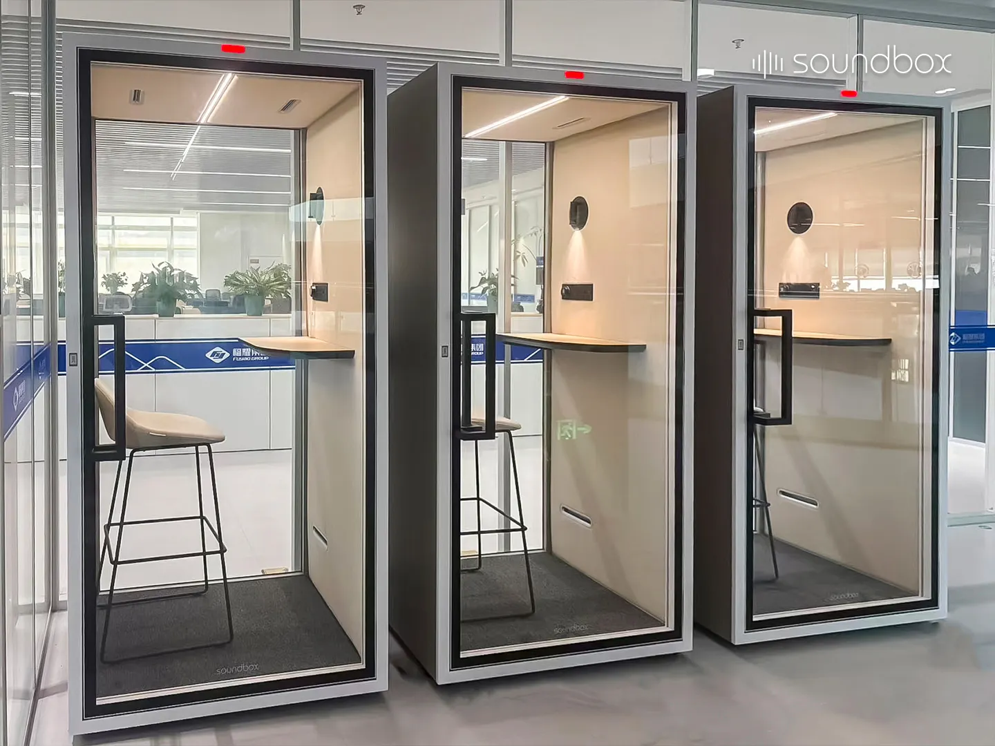 Fuyao Group workplace featuring Soundbox acoustic pods for private calls, focused work, and flexible workspace solutions