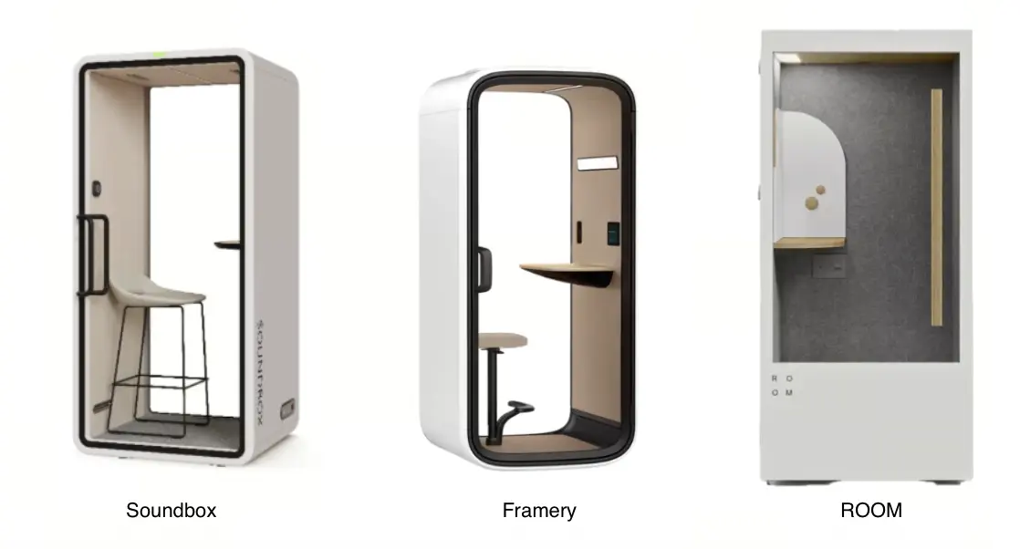 Side-by-side comparison of the Soundbox VRT S, Framery One Compact and ROOM Phone Booth, showing their different exterior designs.