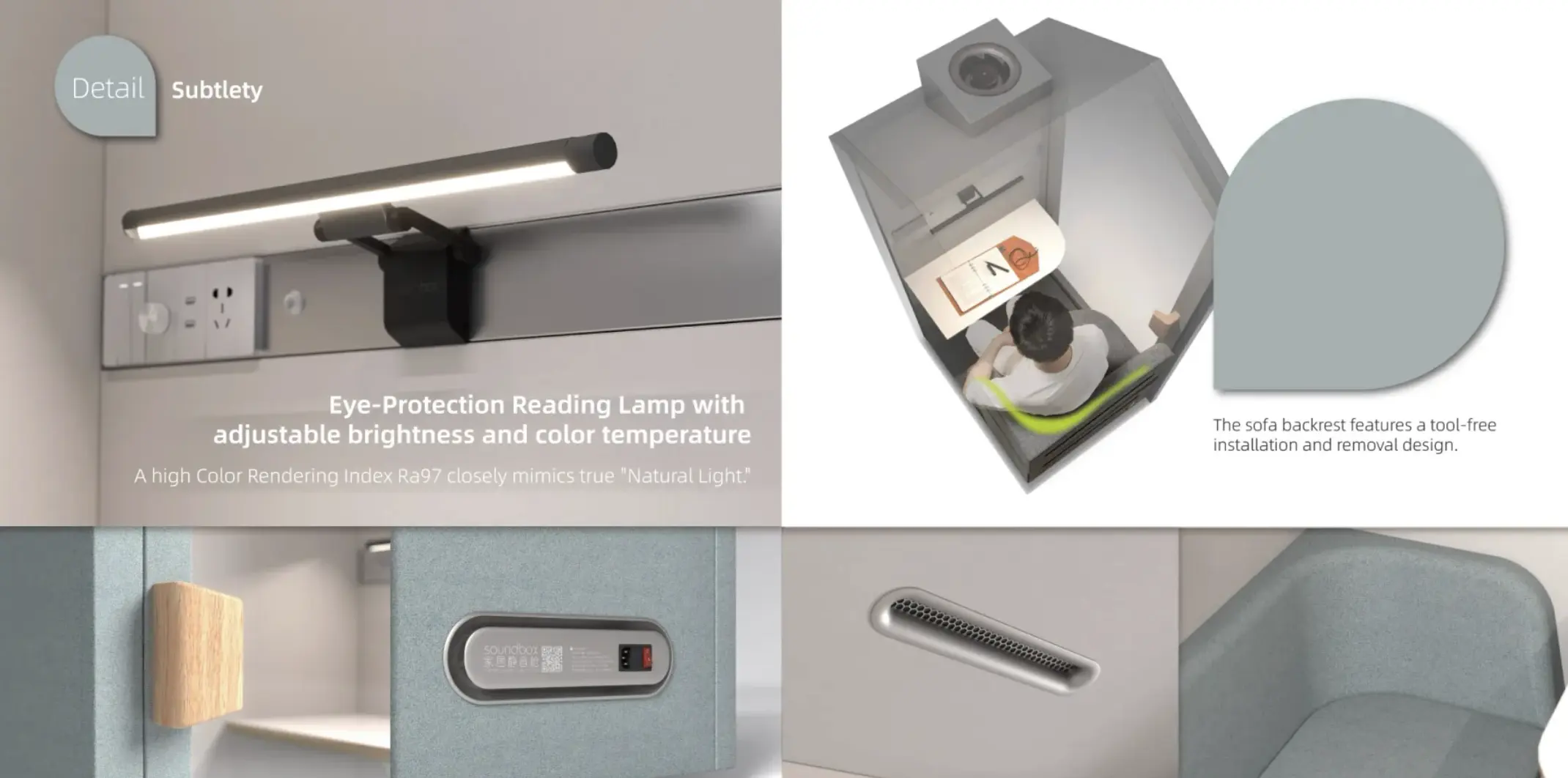 Soundbox Home Pod interior design features including integrated lighting, ventilation, power outlets, and modular components