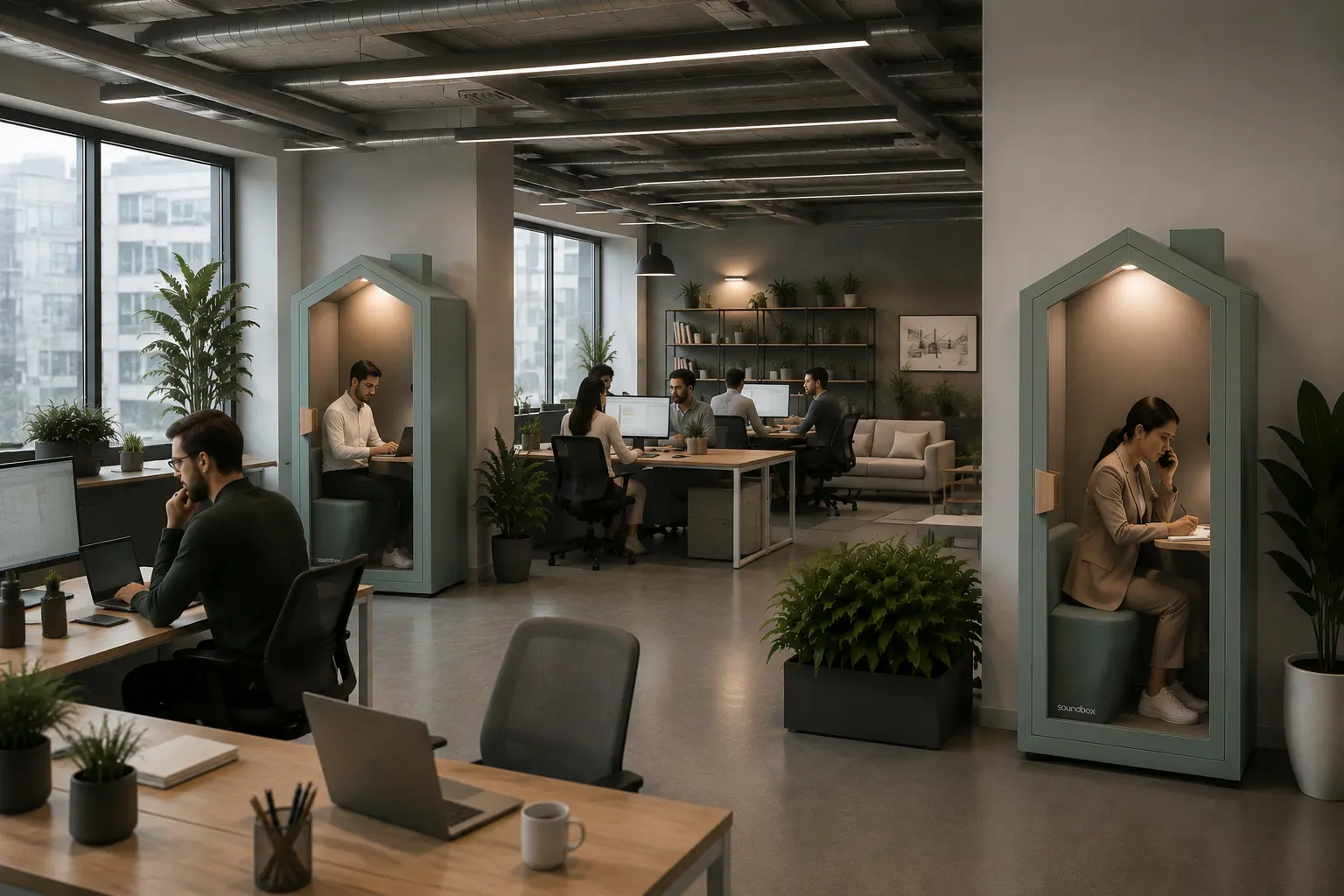 Modern office workspace featuring Soundbox Home Pods for private calls, focused work, and flexible workplace solutions