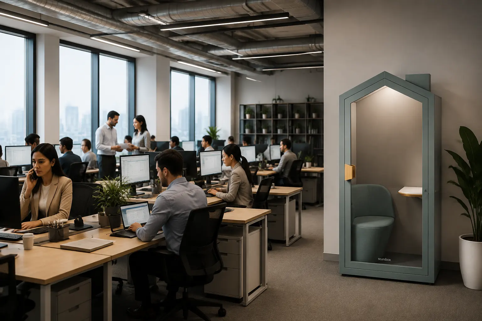 Soundbox Home Pod creating a private workspace for confidential conversations and focused work in a modern office environment