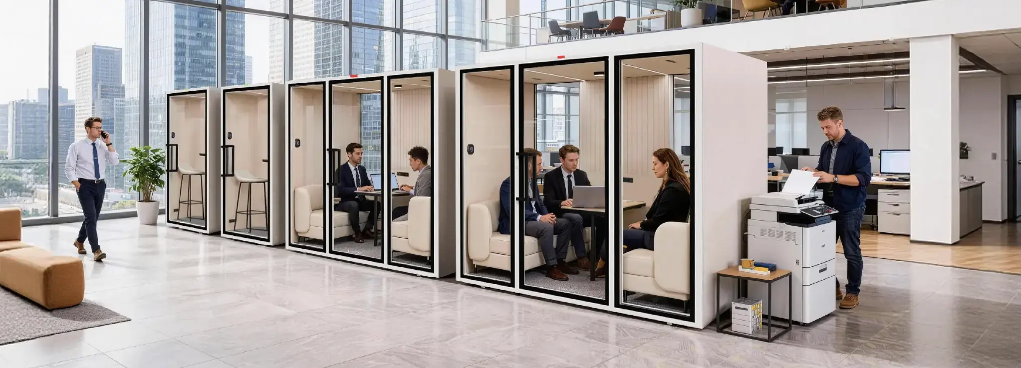 Soundbox VRT Pod integrated into a modern office workspace for private meetings, focused work, and collaboration