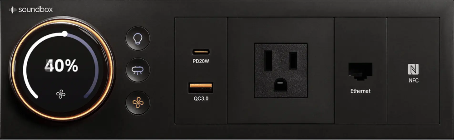 Soundbox VRT Pod Smart Matrix control panel with intelligent lighting, ventilation, power, and connectivity features