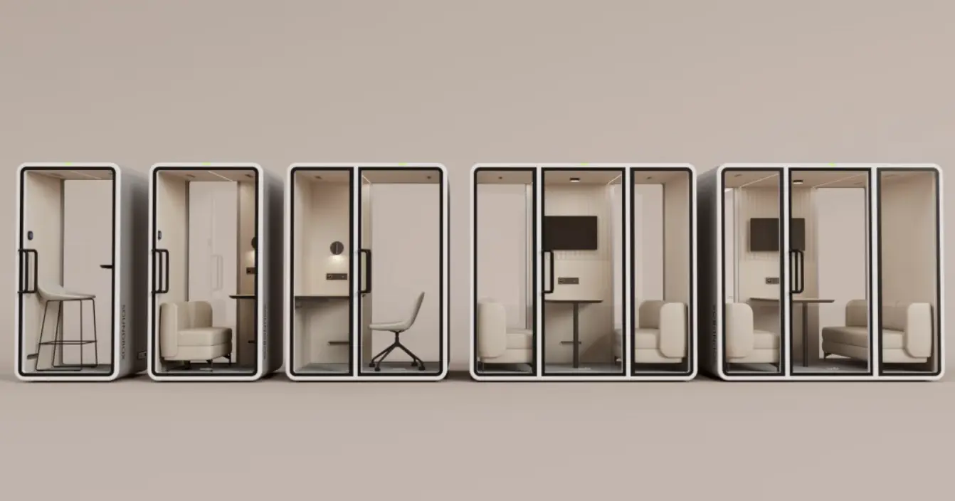 Soundbox acoustic pods in different sizes for focused work, calls, and meetings
