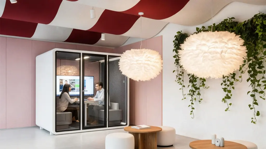 Two people holding a meeting inside a Soundbox VRT acoustic pod with a screen