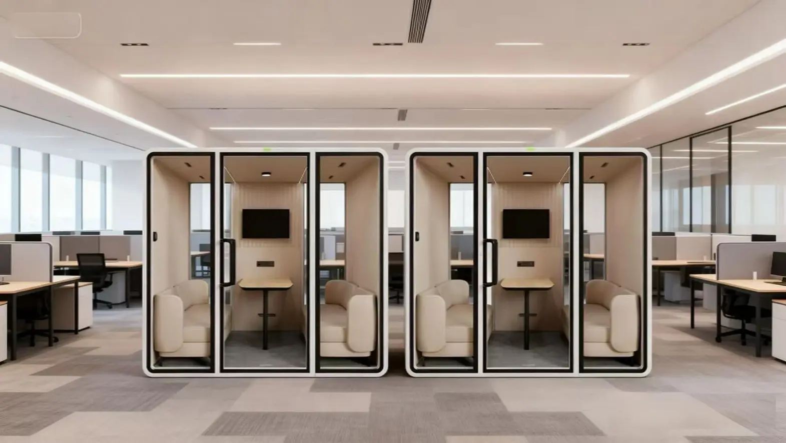 Modern open-plan office with two Soundbox VRT four-person pods, each with facing sofas, a central table and wall-mounted screen.