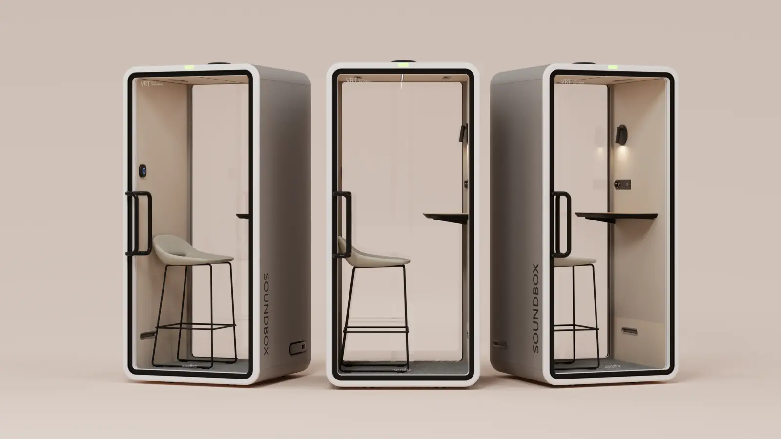 Three views of the Soundbox VRT S single-person acoustic pod with a glass door, built-in desk, stool, lighting and control panel