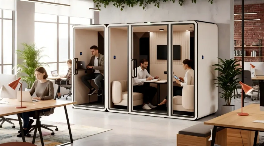 Acoustic Pods in an industrial workspace, featuring a focus pod and a collaboration pod side by side